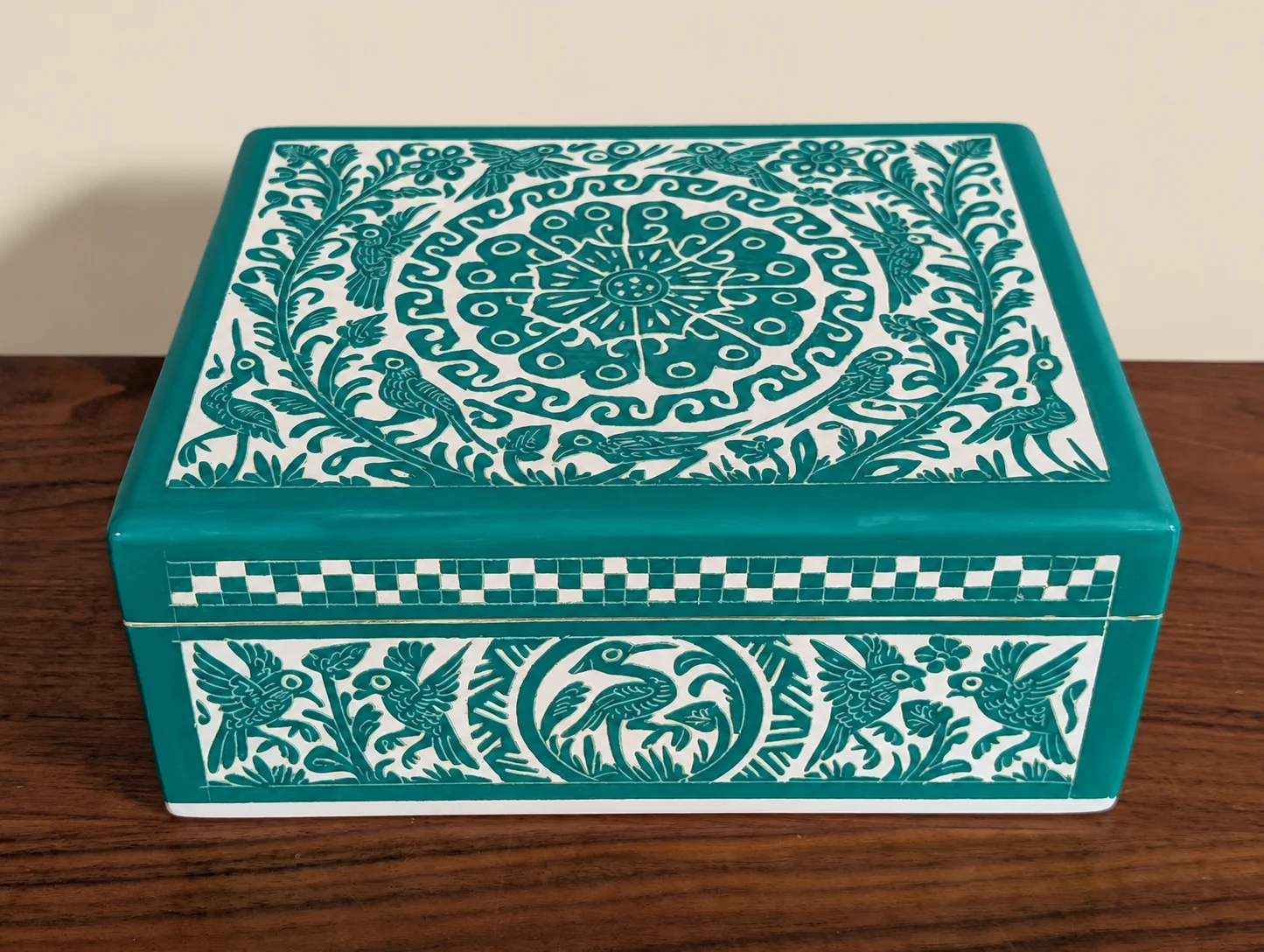 Teal incised lacquered box with birds